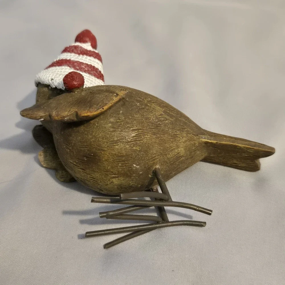 Christmas Bird Figurine Red White Winter Hat Pom Pom Rustic Holiday Decor 4
